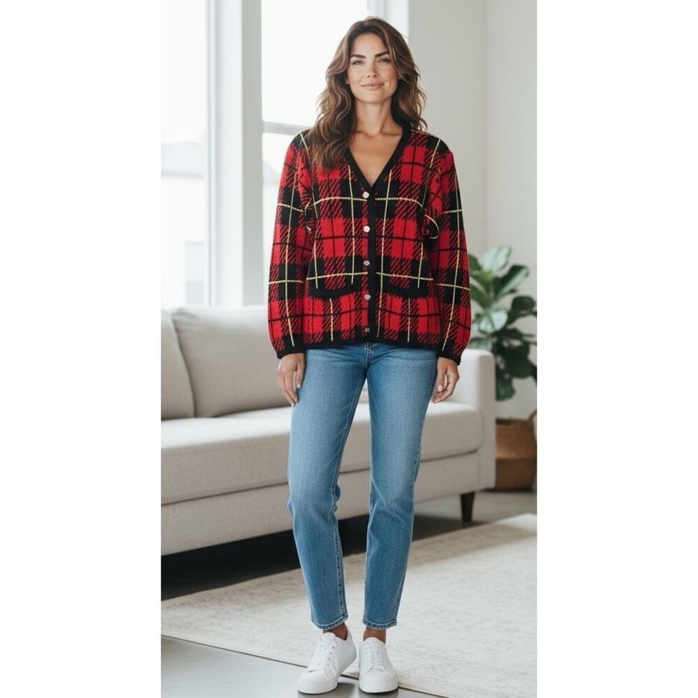 Tally Ho Women's Red Plaid Cardigan Sweater - Size Measured